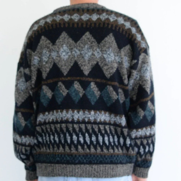 Vintage City Streets Black Brown 3D Pattern Eclectic Grandpa Cardigan Sweater L - Picture 2 of 11